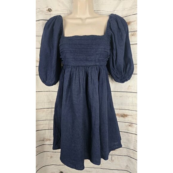 Abercrombie & Fitch Emerson Linen Blend Dress XS Navy Blue Puff Sleeve Pleated - Picture 1 of 8